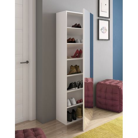 Scarpiera con Specchio Salvaspazio 7 Ripiani Per 14 Paia Di Scarpe Anta Reversibile Design Moderno Ingresso Camera Cameretta Minimal 160 x 52 x 23 Cm Bianco Lucido (1/5)