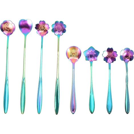 Lot de 8 pièces fleur cuillère lot, 2 different size colorful inox cuillères à thé rainbow café cuillère mélangeuse (1/5)