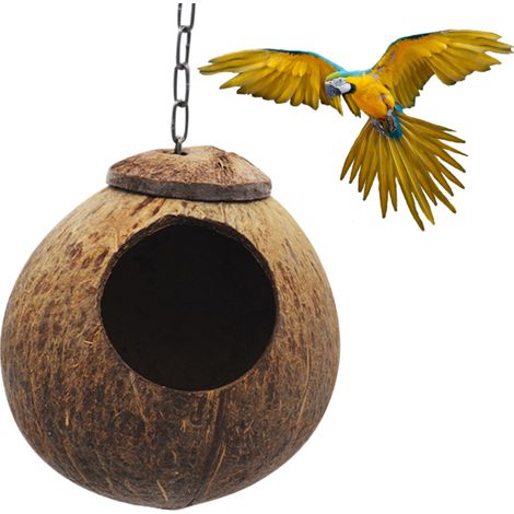 Vogelhaus aus Kokosnussschalen mit Öffnung, Nistkasten für kleine bis mittelgroße Vögel, geeignet für Käfig und Terrasse, mit Aufhängeöse (1/5)