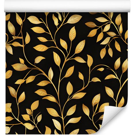 Papier peint Fleurs et Feuilles Ocre et Noir pour Salon et Chambre 50x1000 cm (1/5)