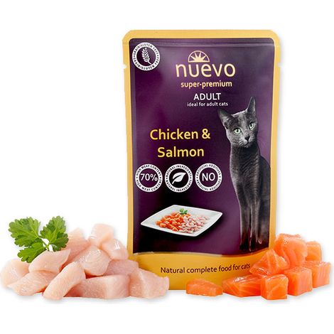 Nuevo Super Premium Cibo Umido per Gatti in Bustina Pollo Salmone 85g