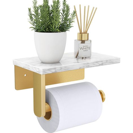 Toilet Roll Holder Wall Mounted, 304 Stainless Steel Toilet Paper Holder with Marble Shelf, Rustproof Matt Gold Tissue holder for Bathroom (1/5)
