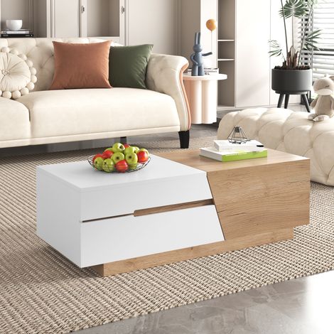 Tavolino da salotto rettangolare 120 cm, con piano allungabile, 2 cassetti, spazio di deposito nascosto, tavolo da salotto in legno - Marrone