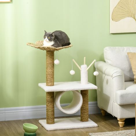 Tiragraffi per gatti con palo in sisal naturale, tunnel, piattaforma, stile chic e accogliente, poliestere felpato, 56 x 40 x 91 cm, beige