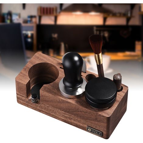 Soporte para prensador de madera de nogal con base ajustable, organizador 3 en 1, dispensador de prensador, accesorio de café para la encimera. (1/5)