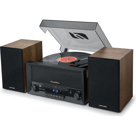 Micro-chaîne HiFi CD avec Bluetooth – Tuner PLL FM 20 stations – Lecture vinyle 3 vitesses – Encodage direct USB – Coffrage bois – Muse