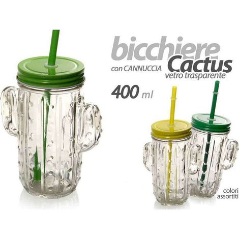 PARTYGLAS MIT STROHHALM DECKEL PARTY KAKTUSFORM GLAS 400ML 738135 (1/3)