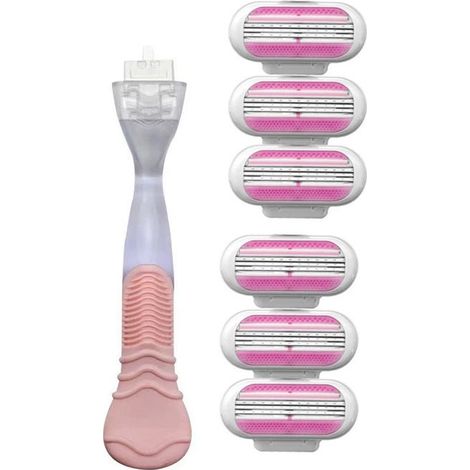 Rasoir 3 lames pour aisselles femme – Rasage intime doux, économique (1 manche rose vintage + 6 têtes de rechange) – Pour peau sensible et usage quotidien (1/4)