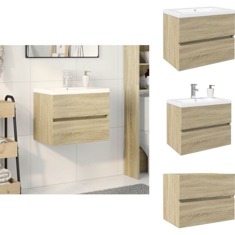 2-tlg. Badmöbel-Set Keramik und Holzwerkstoff - Badmöbel - Badschrank - Waschtisch - Keramikwaschbecken - Sonoma-Eiche (1/5)