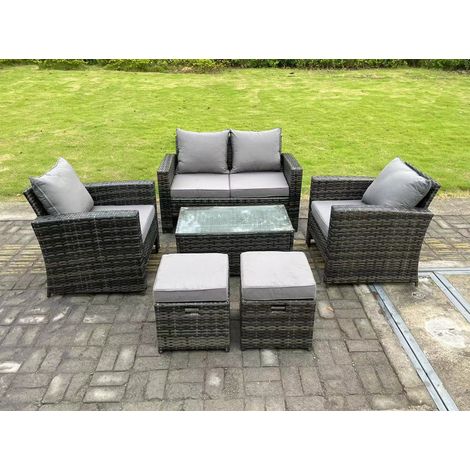 Fimous 6 Seater Dark Grey Mixed High Back Rattan Sofa Set Rectangular Coffee Table Garden Furniture Outdoor 2 Stools (1/5)