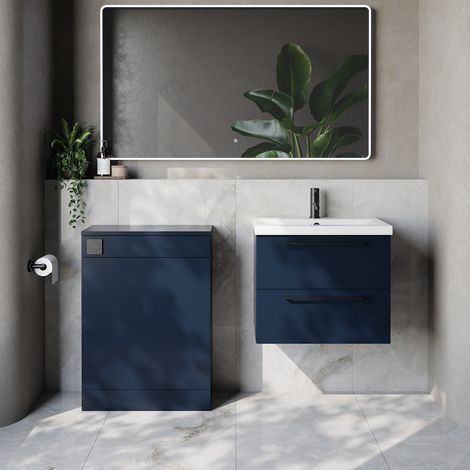 Napoli 390 Cento Deep Blue 1200mm Wall Mounted 2 Drawer Vanity Unit and Toilet Suite with Glide Basin - 1200mm - Matt Black 320mm HandleWithout Kingston Toilet Pan