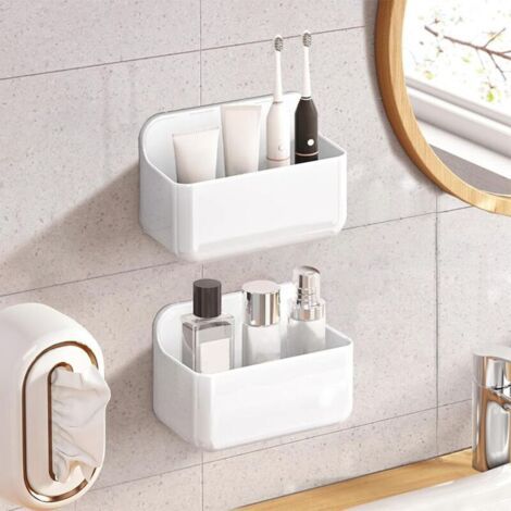 2 Pièces Etagere Douche Sans Percage, Porte Shampoing Douche Adhésive, Étagère Murale Salle de Bain Sans Percer, Support Gel Douche Séchage Rapide pour Salle de Bain (Petit-Blanc) (1/3)