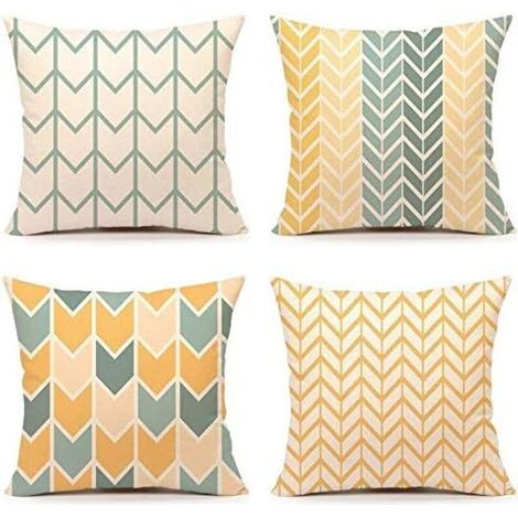 Taies d'oreiller carrées double face décoratives en lin jaune orange - Housses de coussin avec motif géométrique 45 x 45 cm (1/4)