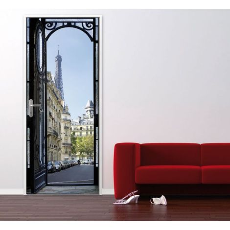 Sticker mural décoratif Paris, 204 cm X 83 cm, Tour Eiffel, voiture, immeubles, porte en fer noir ouverte (1/5)