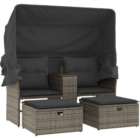 Canapé de Jardin 2 Places avec Auvent, Ensemble Rotin Synthétique Gris avec Tabourets (1/5)