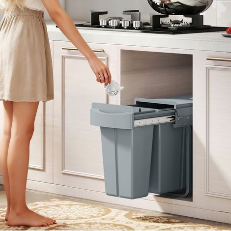 Pattumiera estraibile da incasso 52x26x40.8 cm, 30 L, 2 cestelli rimovibili, maniglia, metallo, grigio (1/5)