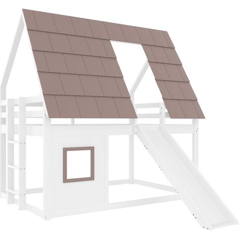 Lit mezzanine maison en bois 140 x 200 avec toit, échelle et toboggan, blanc+marron (1/5)