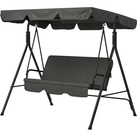 Balancelle jardin 3 places avec toit inclinaison réglable, coussins assise et dossier, acier noir, polyester noir (1/5)