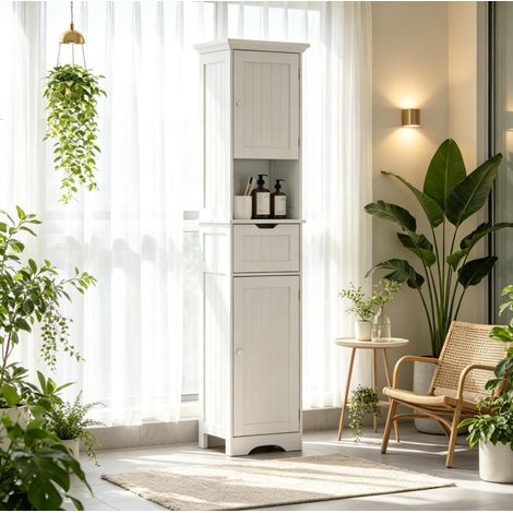 Armoire haute de salle de bain étroite LED, 2 portes et tiroir, blanche MDF 40 x 30 x 170 cm OKWISH (1/5)