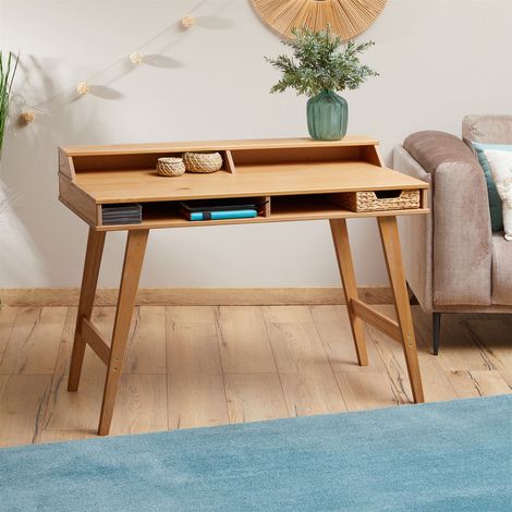 Idimex – Bureau secrétaire en pin massif brun – Dimensions 110 x 54 x 84 cm – 2 niches de rangement intégrées – Design compact pour petits espaces (1/4)