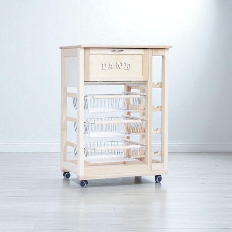 Carrello portafrutta con portapane e portabottiglie Naturale