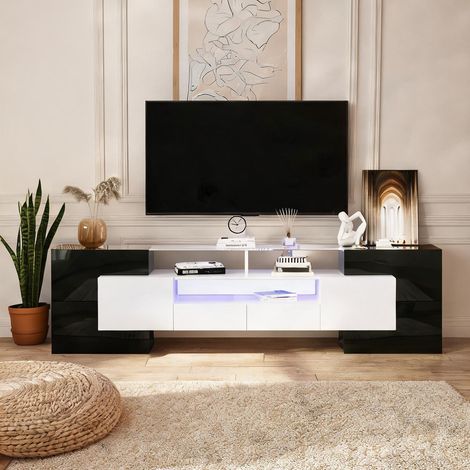 Meuble TV 200 cm blanc brillant et noir avec LED coloris noir (1/5)