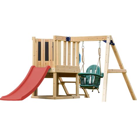 Axi Timo Mini Aire De Jeux - Toboggan Rouge  Cabane Pour Enfant Avec Balançoire Pour Bébé, Mur D'Escalade Et Tableau Noir  Structure De Jeux Pour Le Jardin