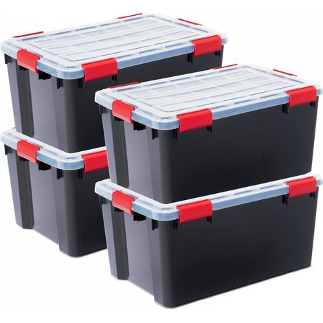 Iris Ohyama – Boîte de rangement hermétique 50L – Lot de 4 – Couvercle étanche et clips de sécurité – Empilable – Plastique sans BPA (1/4)