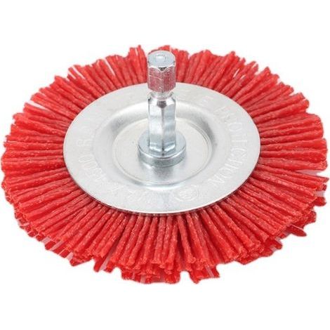 Cepillo de disco, nailon de grano grueso, diámetro 75 mm, adecuado para madera, metal y metales no ferrosos. Cepillo de perforación de nailon con vástago hexagonal E6.3, para lijado y texturizado. (1/3)