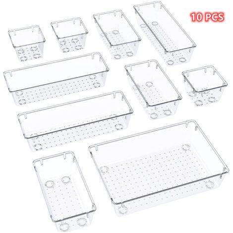 Lot de 10 organisateurs de tiroir en plastique – 3 tailles – Dimensions : 7,5x7,5x5,5 cm et 15x15x5,5 cm – Rangement maquillage et papeterie (1/5)