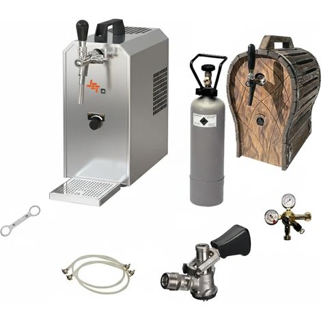 Komplett Set - Zapfanlage JET 30 Bierkoffer, Bierzapfanlage, Durchlaufkühler 1-leitig Trockenkühler, bis zu 35 Liter/h mit Holzfass, Zapfkopf:5 Liter Adapter