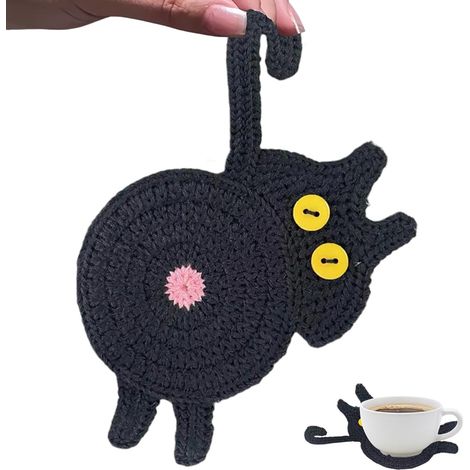 Posavasos de ganchillo con motivo de gato: bonitos posavasos blancos con forma de gato para la decoración del hogar y la oficina alfombrillas aislantes térmicas. (1/5)