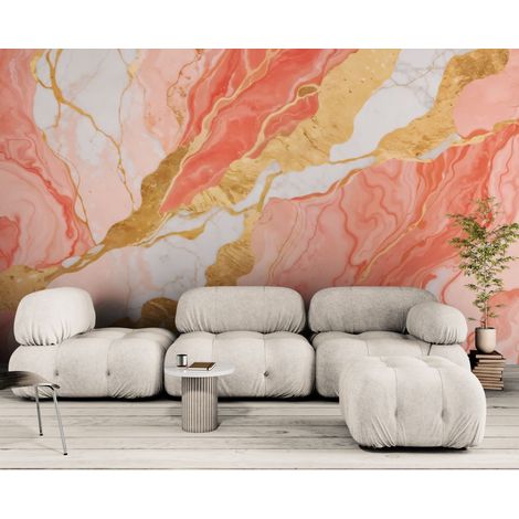 Papier peint Abstrait – Marbre rose corail et or - 150 x 250 cm (1/2)