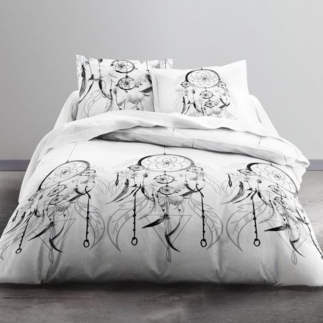 Parure de lit 2 Personnes/Housse de Couette avec 2 taies d'oreiller, Coton, Blanc, 200x200 cm