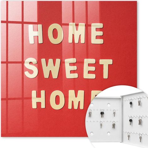 Armoire à clés - (30 cm x 30 cm) - Boîte à clés murale - Coffret de rangement pour clés - Couleur blanche - Ouverture vers la droite - Pour maison et bureau - L'inscription HOME SWEET HOME