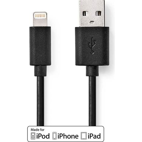 Cable relampago usb 20 apple lightning 8 pines usb a macho 480mbps niquelado 100m redondo pvc negro caja (1/4)