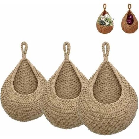 3Pcs Corbeille A Fruit Suspendue,Panier de Fruits et Legumes Suspendu Au Mur,Panier Mural en Jute Tressé à La Main en Forme de Goutte D'eau,Panier Suspendu Rangement pour Cuisine,Salon,Porche (1/4)