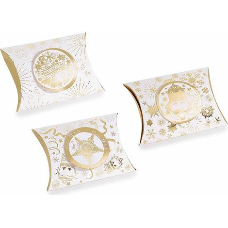 Scatole regalo natalizie a cuscino in carta con stampa di Natale in oro lucido e decoro 3D, set da 48 pezzi, cm 14,5 x 3 x 10,5 H