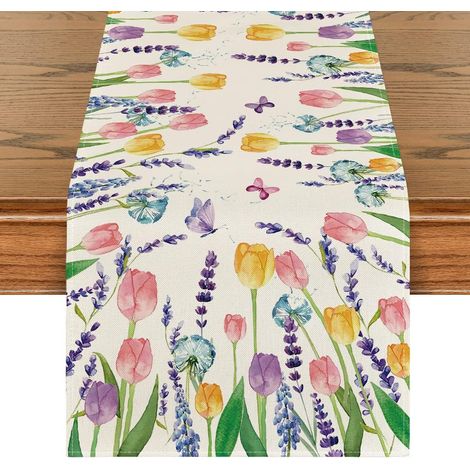 Mode Été Runner de table avec Tulipes de lavande, Decor de table de printemps saisonnier pour la fête de la maison, 13 x 72 pouces (1/5)