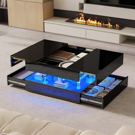 FOERPL-Ausziehbarer Couchtisch mit LED-Beleuchtung, Wohnzimmer-Couchtisch mit 2 Schubladen, moderner Couchtisch mit ausziehbarer Tischplatte und offenen Regalen, glänzender Couchtisch für Wohnzimmer u