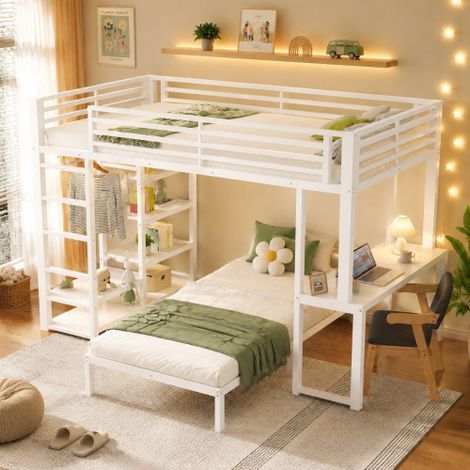 Deux couchages, lit mezzanine, structure en fer, 90 x 200 cm, bureau, double prise avec ports USB et Type-C, 4 étagères, rangement pour vêtements, sans matelas, blanc (1/5)