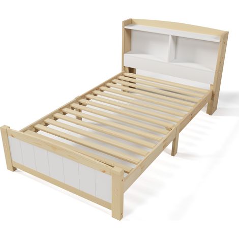 Cama infantil 90 x 200 cm con cabecero con almacenamiento, madera y blanco, somier de láminas (1/5)