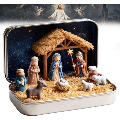 Nativity Set - Tin Box With Resin Holy Family Figures - Desk Shelf Office Travel Christmas Decor - 9.5 x 6 x 2 cm - 1 Piece (1/5)