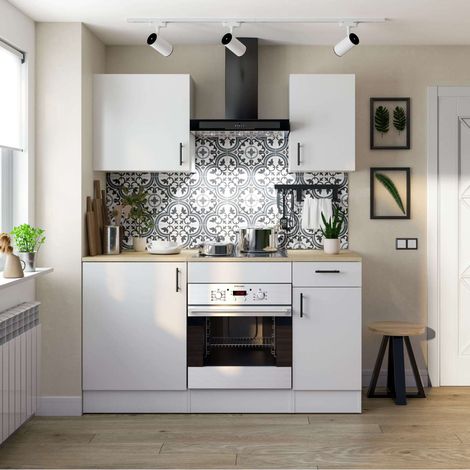 Cocina completa Kira de 160 cm acabado blanco brillo con encimera roble canadian.