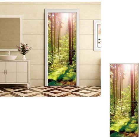 3D-Türsticker „Verzauberter Frühlingswald“ mit Naturlandschaft und Sonnenstrahlen