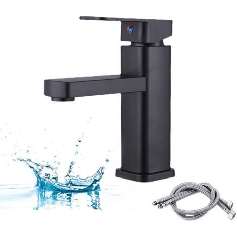 Robinets de Lavabo Noir, Robinet de Salle de Bain, Robinets De Lavabo Carrés Noirs, Robinets d'évier avec Eau Froide et Chaude, Cartouche Céramique (1/5)