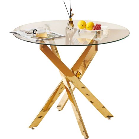 Table à manger ronde en verre trempé et métal doré, pied croisé moderne, gain de place pour cuisine ou salon, style élégant, facile à monter – CHICFURN (1/5)