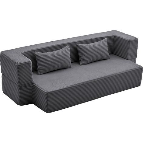 Canapé convertible 3 places en velours côtelé gris, sofa modulable bas, sans montage, avec 2 coussins, idéal pour petit salon, studio ou chambre d'amis – CHICFURN (1/5)