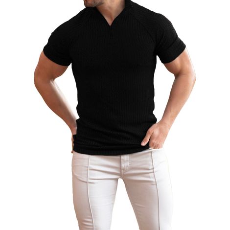 T-shirt Homme - Coupe Moulante - Fermeture Éclair Mi-Hauteur - Col Rabattu - Matière Extensible - Noir - Unité (1/5)