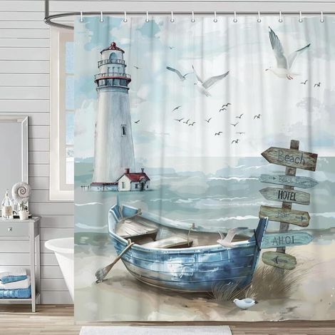 Rideau de douche, ensemble rideau de douche phare de plage océanique, bord de mer, voile, bleu sarcelle